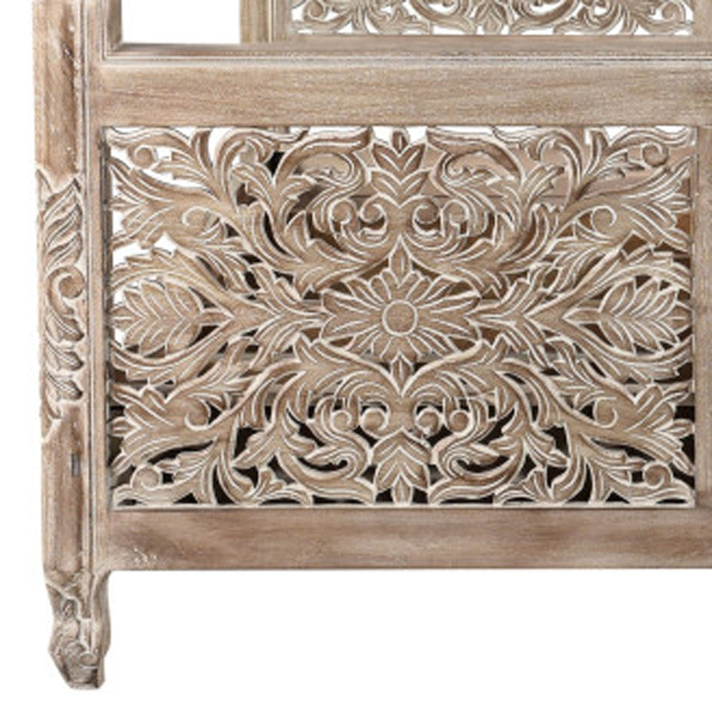 Gray Carved Floral Distressed Solid Wood Queen Bed