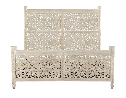 Fable White Carved Floral Distressed Solid Wood King Bed