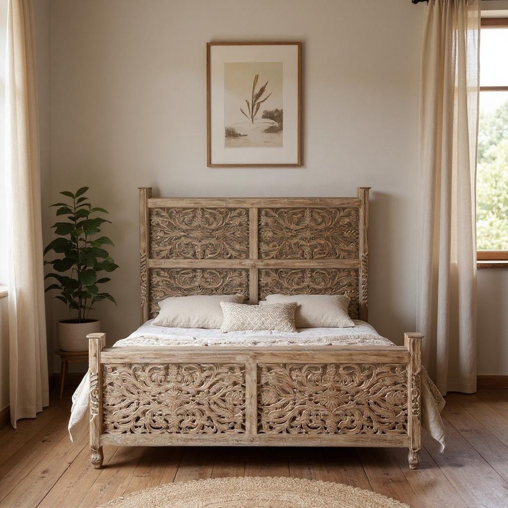 Gray Carved Floral Solid Wood King Bed