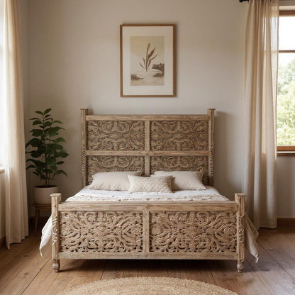 Gray Carved Floral Solid Wood King Bed