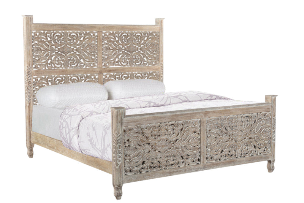 Gray Carved Floral Solid Wood King Bed