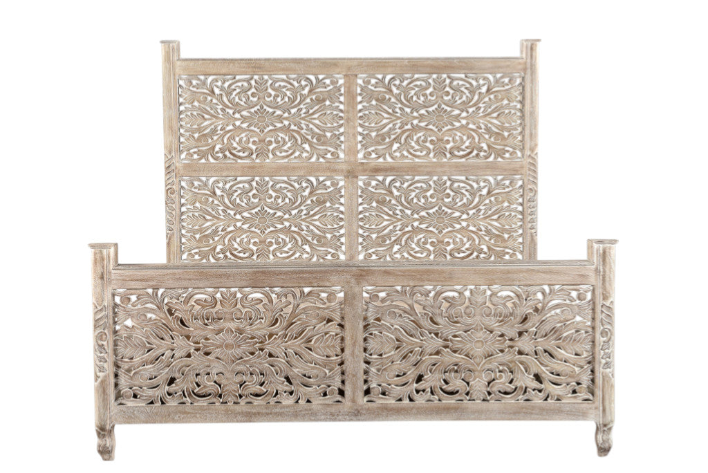 Gray Carved Floral Solid Wood King Bed