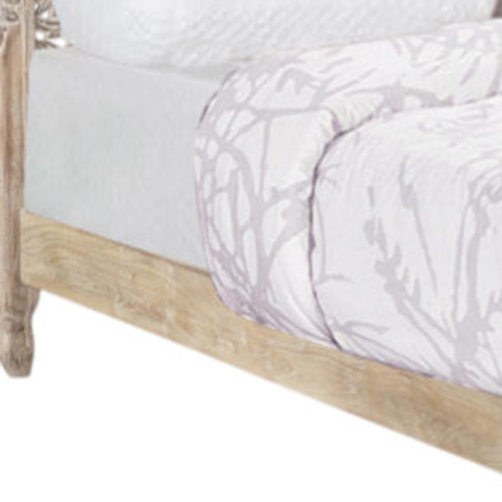 Gray Carved Floral Solid Wood King Bed
