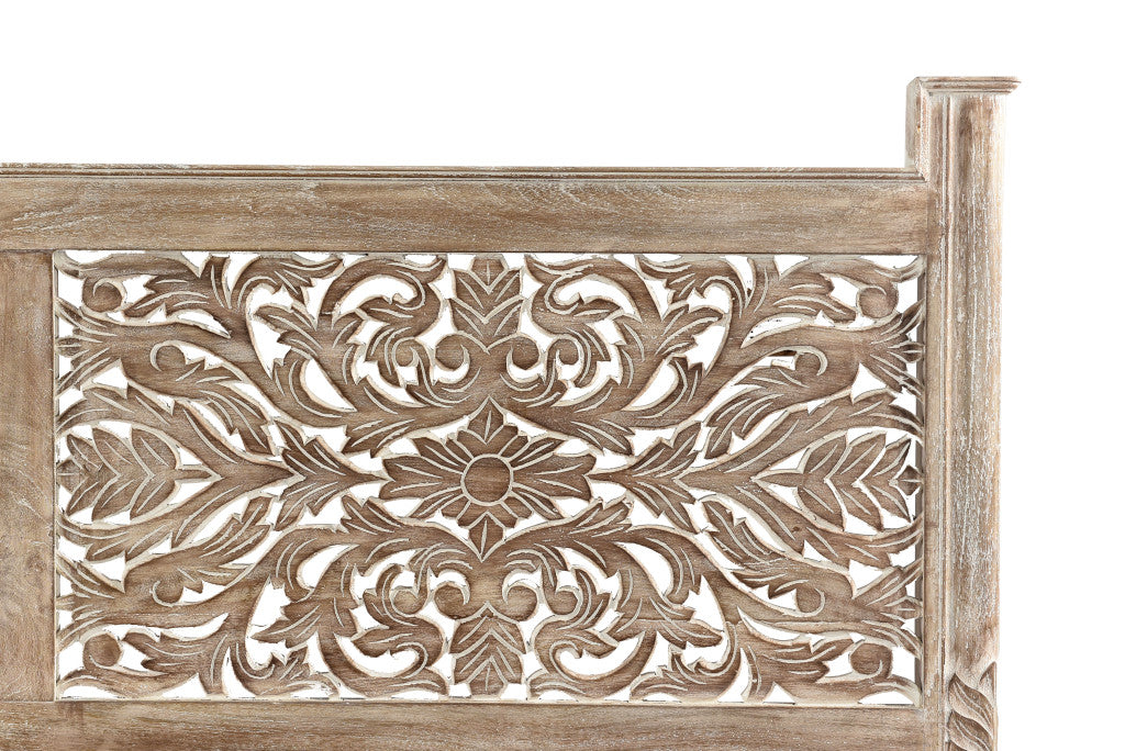 Gray Carved Floral Solid Wood King Bed