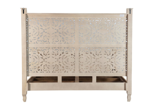 Gray Carved Floral Solid Wood King Bed