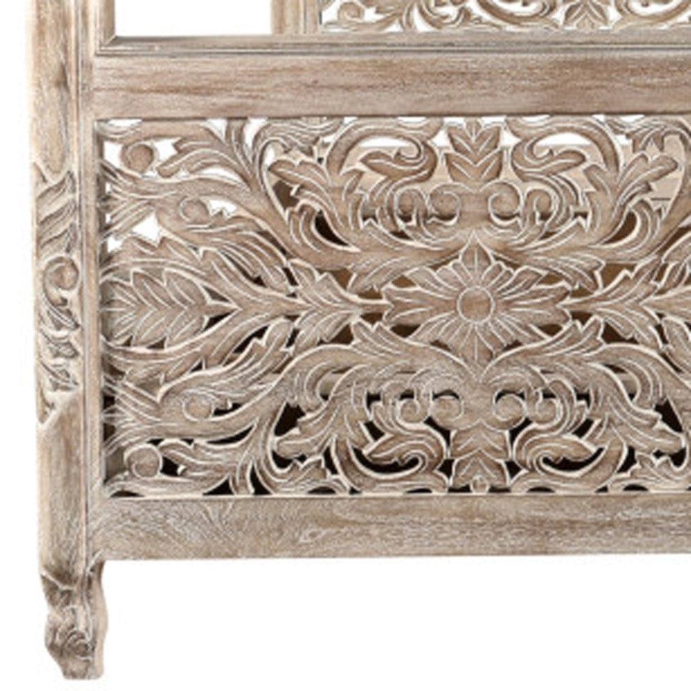 Gray Carved Floral Solid Wood King Bed