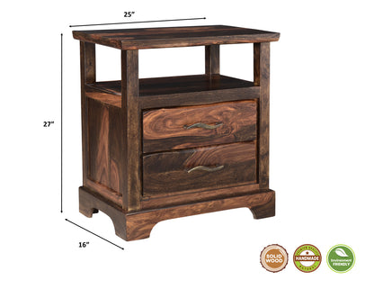 Dark Brown 2 Drawer Solid Wood Nightstand