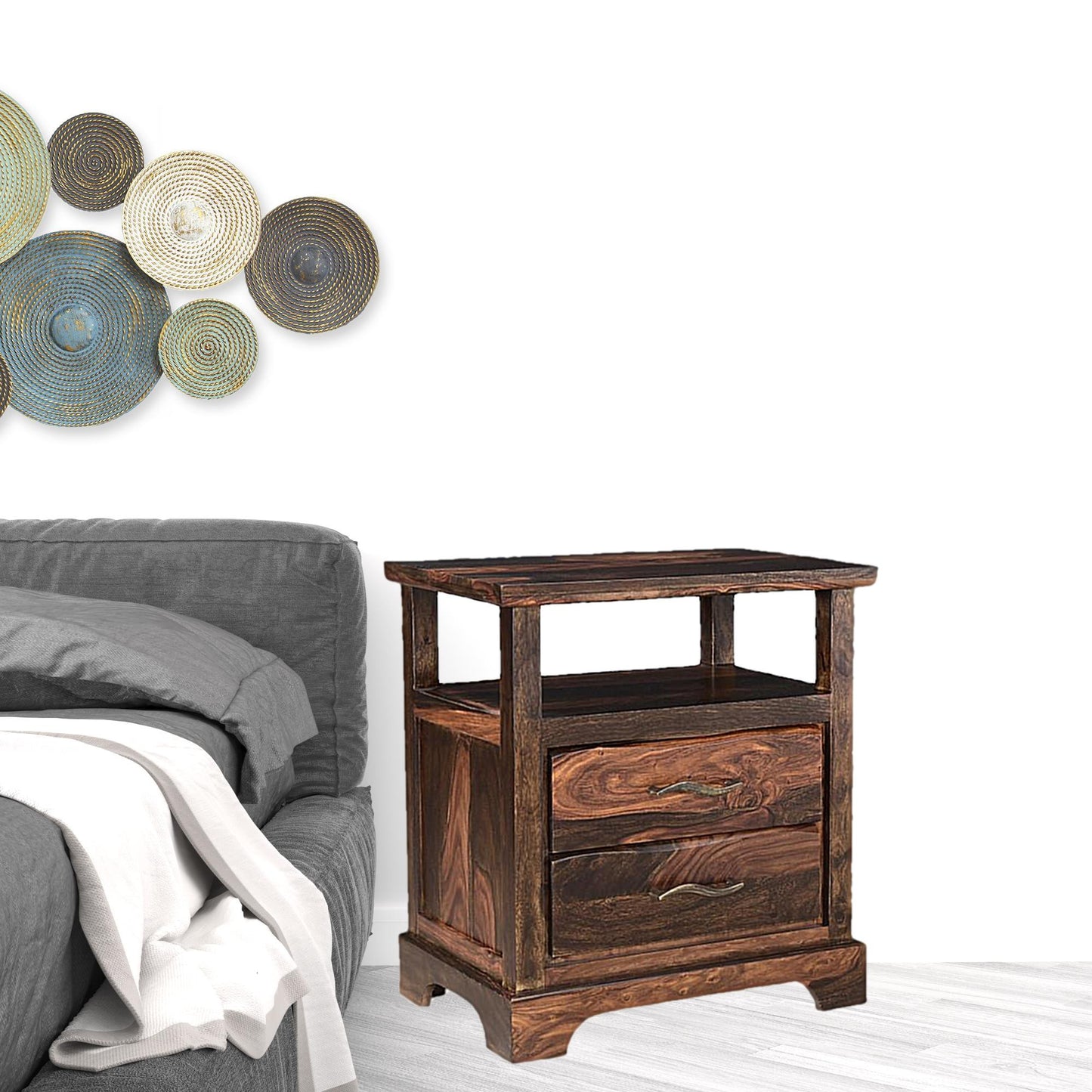 Dark Brown 2 Drawer Solid Wood Nightstand