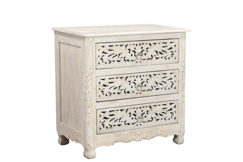 Distressed White 3 Drawer Floral Carved Nightstand