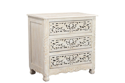 Distressed White 3 Drawer Floral Carved Nightstand