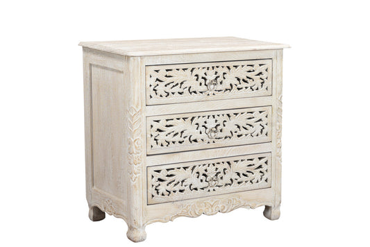 Distressed White 3 Drawer Floral Carved Nightstand