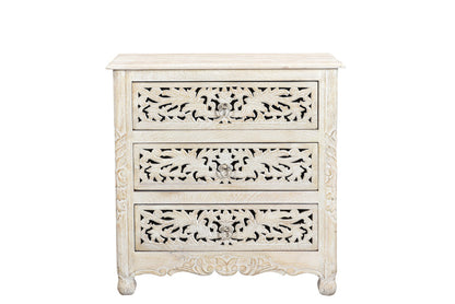 Distressed White 3 Drawer Floral Carved Nightstand