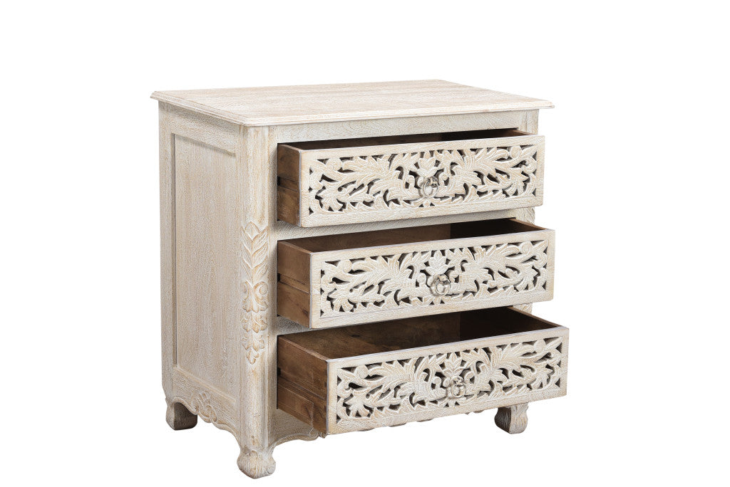 Distressed White 3 Drawer Floral Carved Nightstand