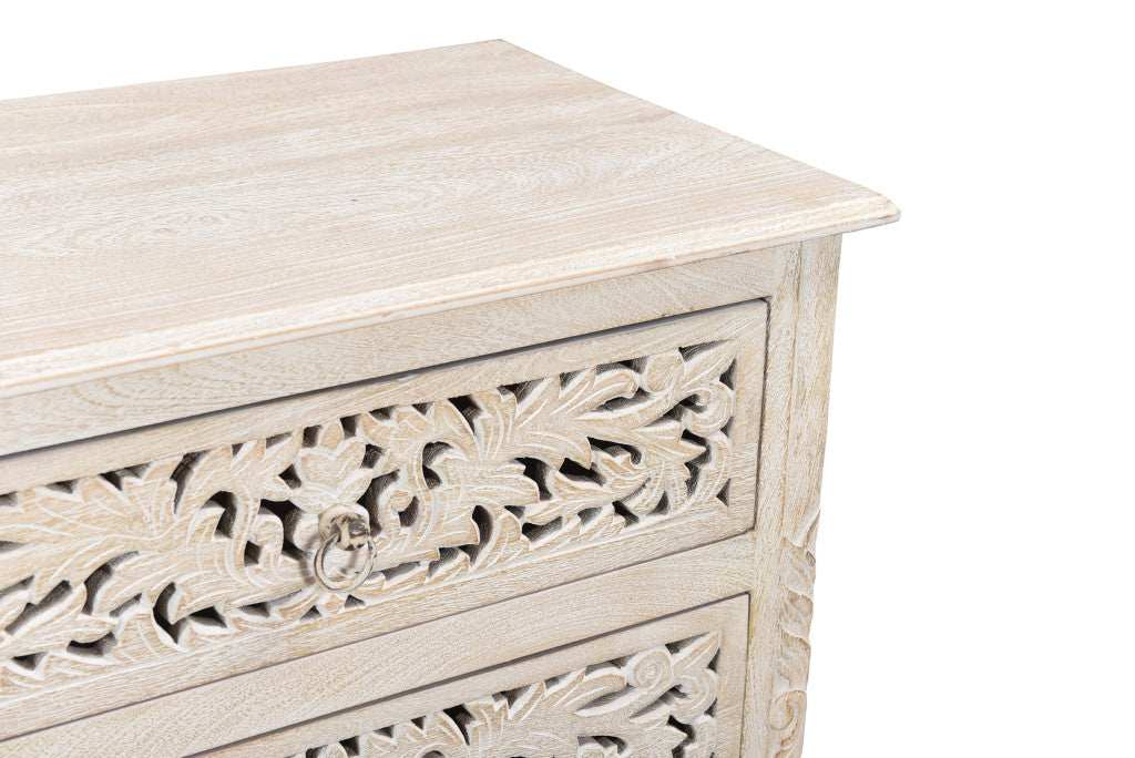 Distressed White 3 Drawer Floral Carved Nightstand