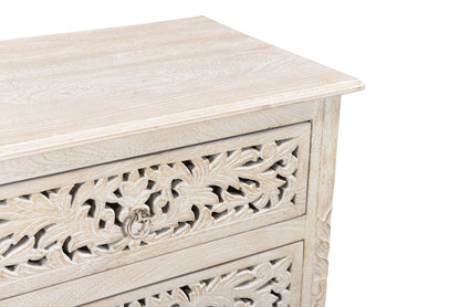 Distressed White 3 Drawer Floral Carved Nightstand