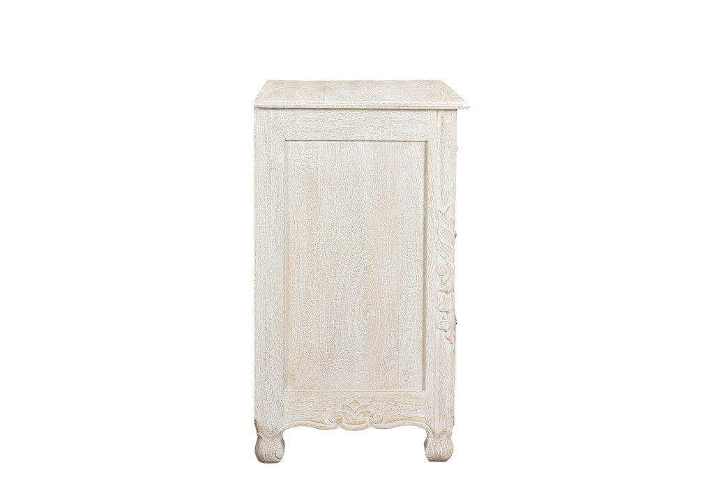 Distressed White 3 Drawer Floral Carved Nightstand
