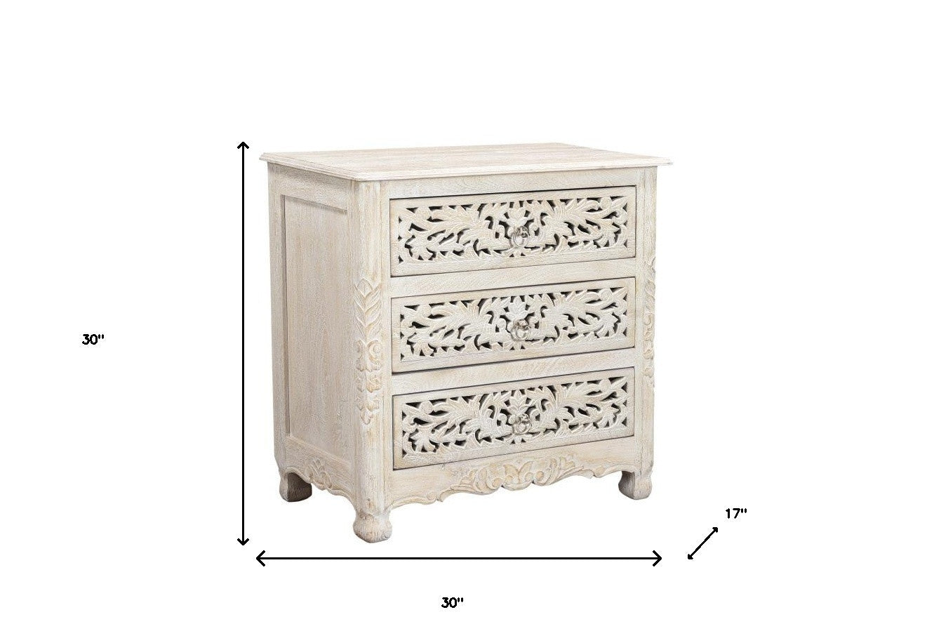 Distressed White 3 Drawer Floral Carved Nightstand