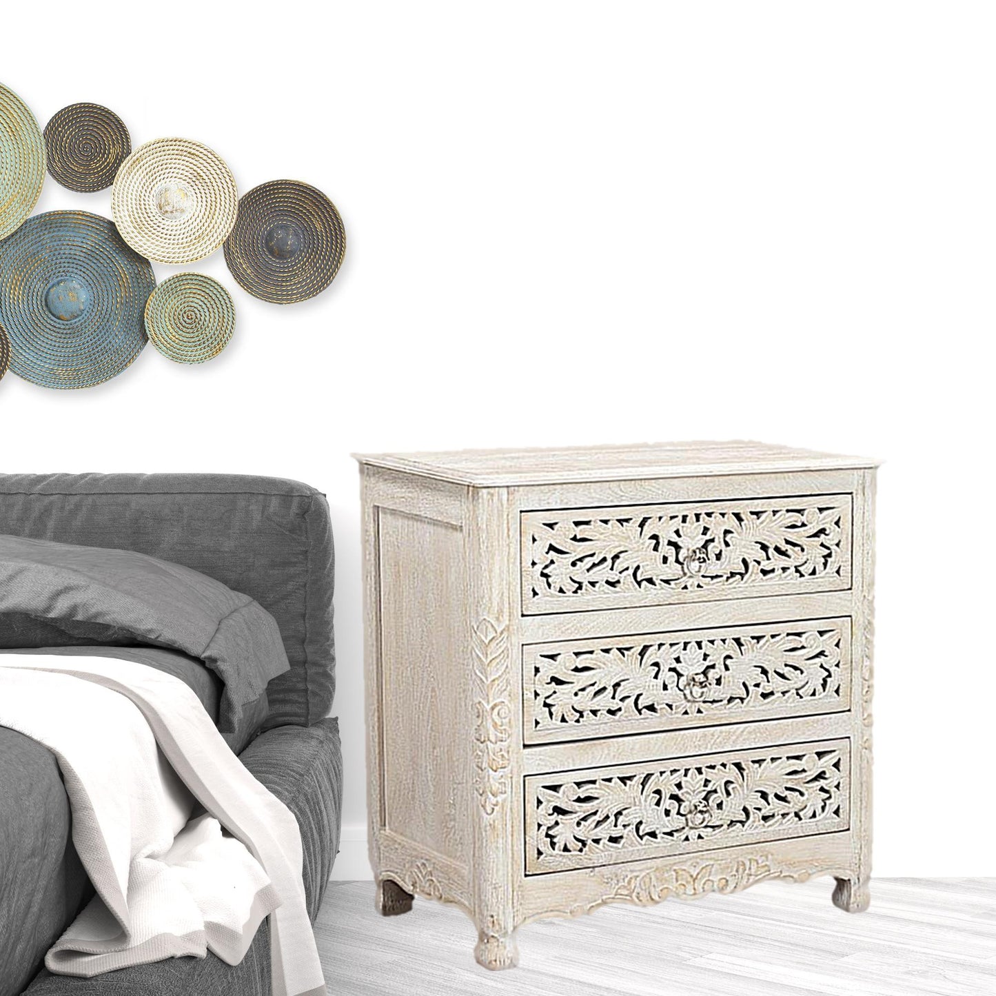 Distressed White 3 Drawer Floral Carved Nightstand