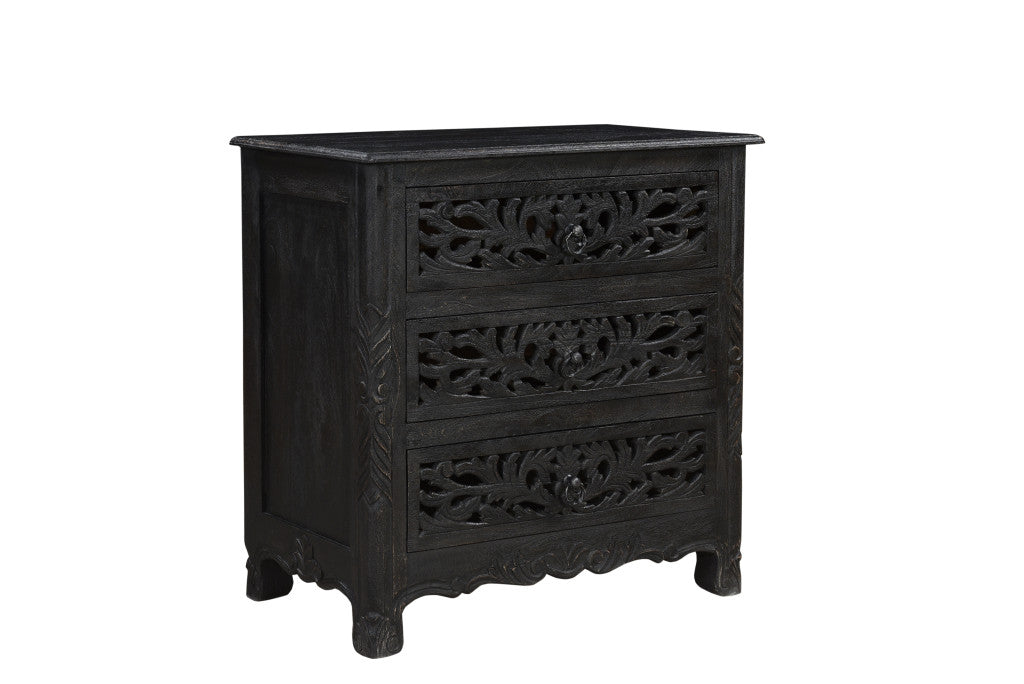 Distressed Black 3 Drawer Floral Carved Nightstand