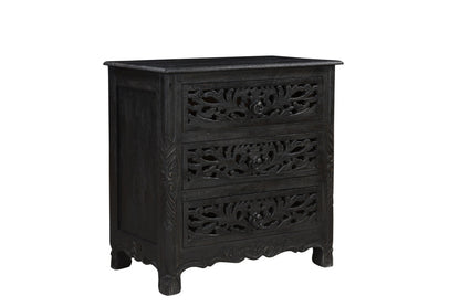 Distressed Black 3 Drawer Floral Carved Nightstand