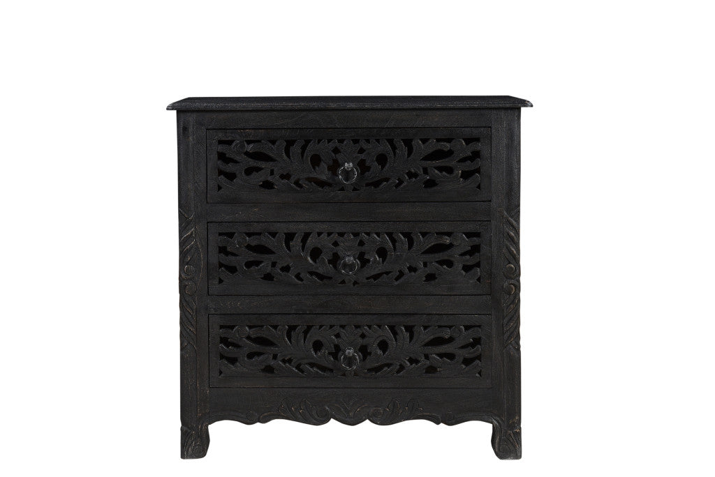 Distressed Black 3 Drawer Floral Carved Nightstand