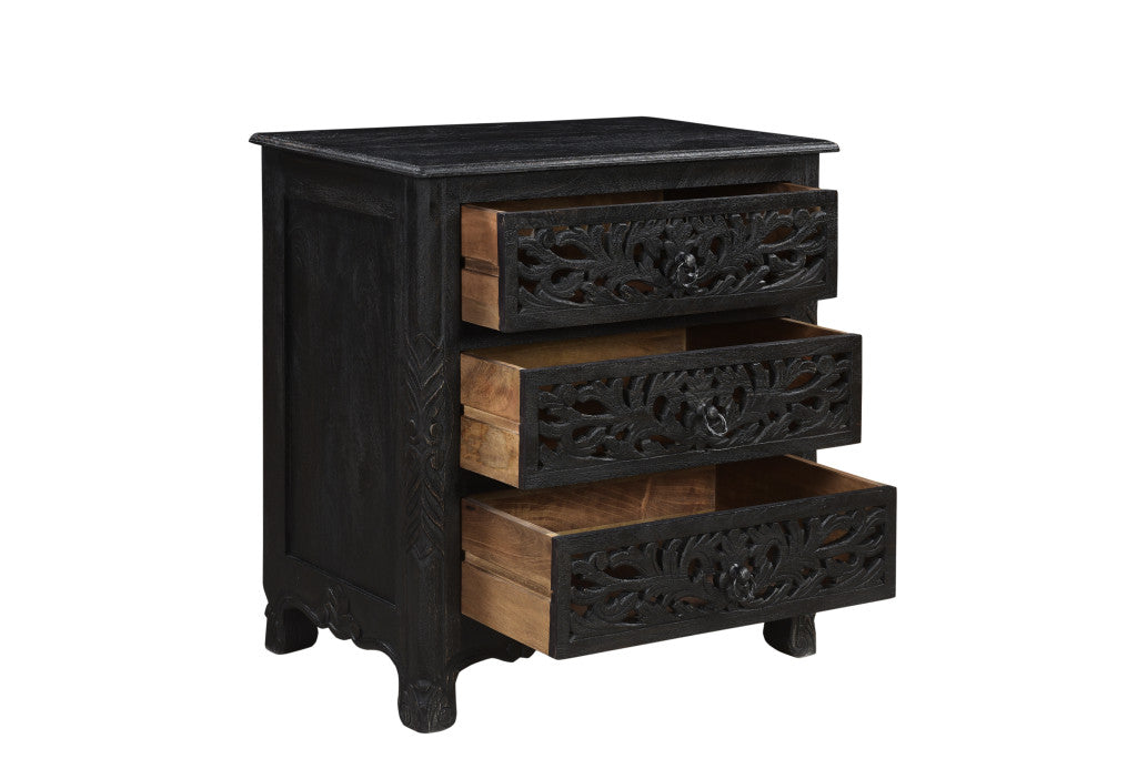 Distressed Black 3 Drawer Floral Carved Nightstand