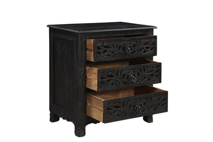 Distressed Black 3 Drawer Floral Carved Nightstand