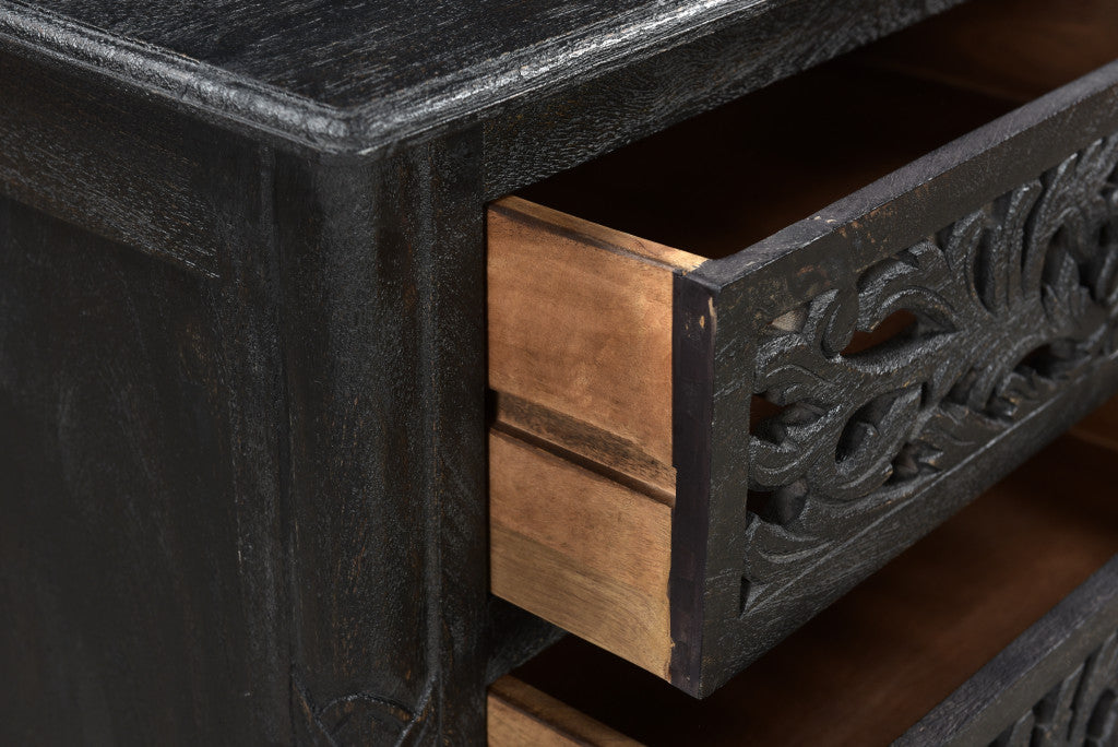 Distressed Black 3 Drawer Floral Carved Nightstand