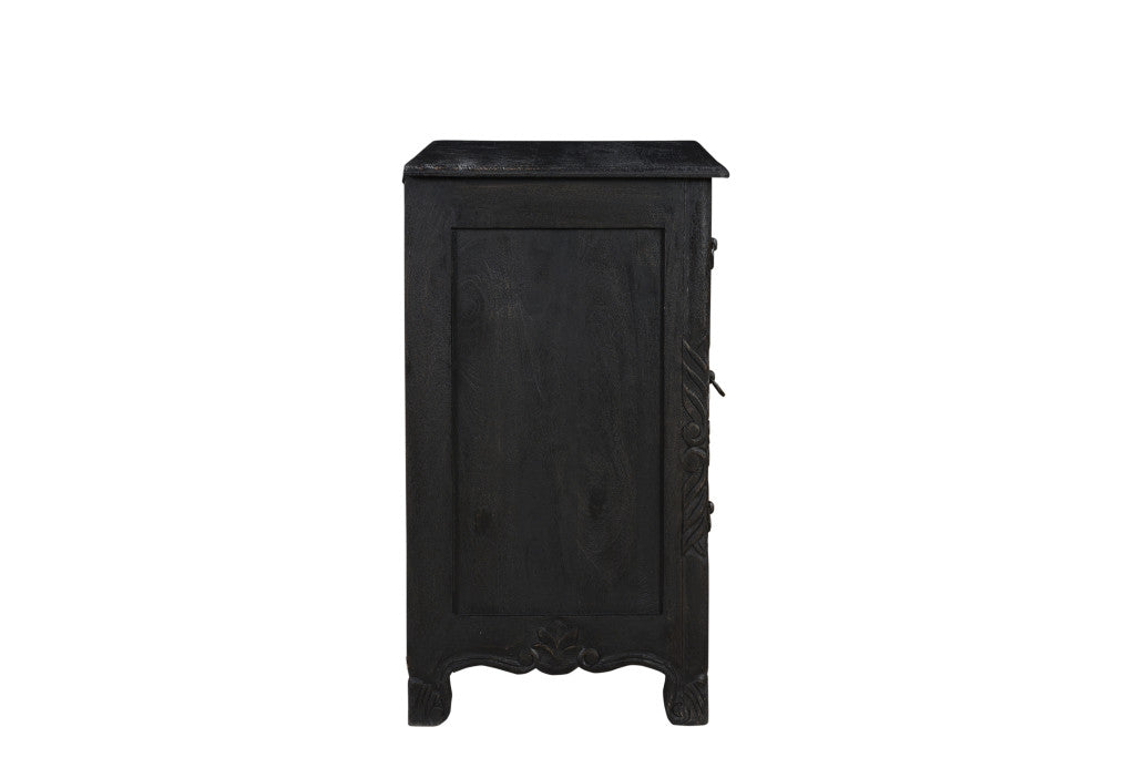 Distressed Black 3 Drawer Floral Carved Nightstand