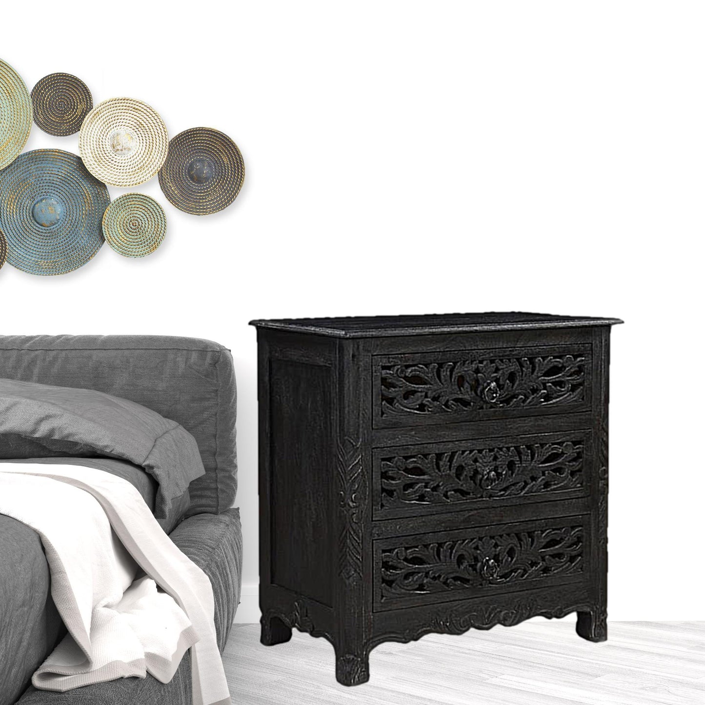 Distressed Black 3 Drawer Floral Carved Nightstand