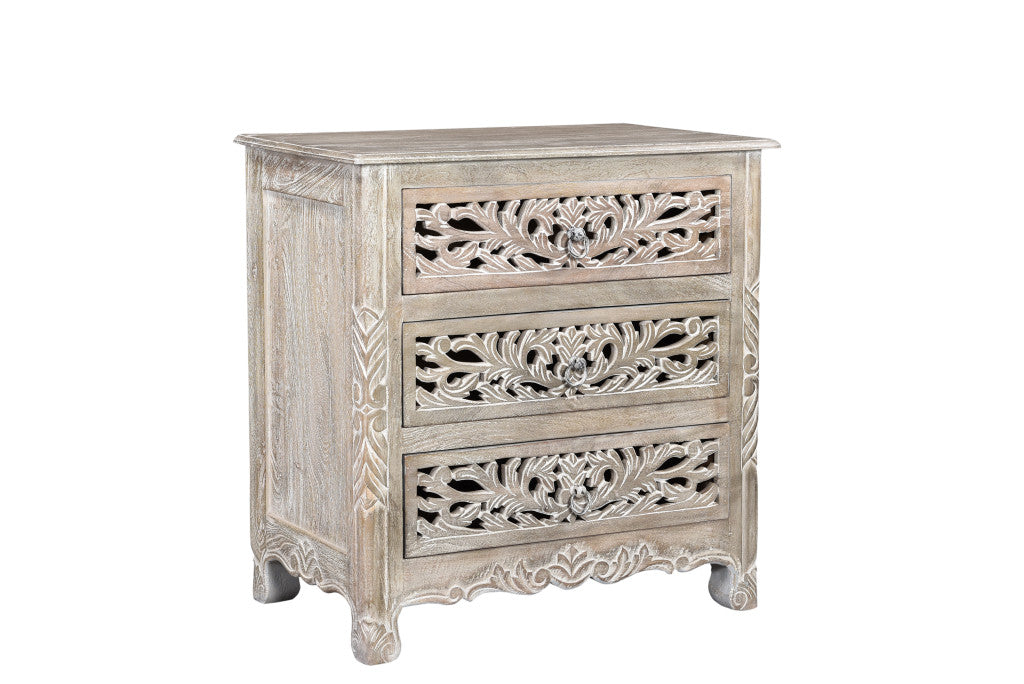 Distressed Gray 3 Drawer Floral Nightstand