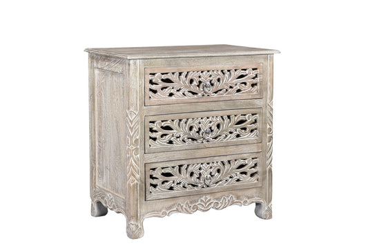 Distressed Gray 3 Drawer Floral Nightstand