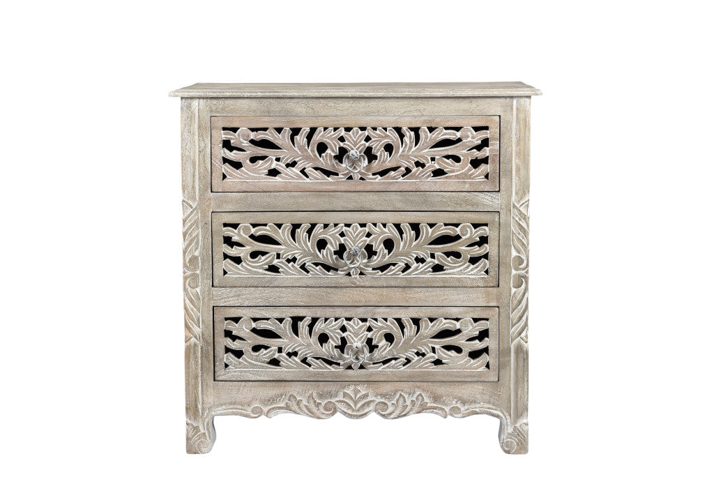 Distressed Gray 3 Drawer Floral Nightstand