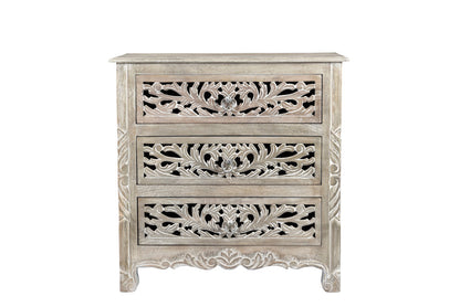 Distressed Gray 3 Drawer Floral Nightstand