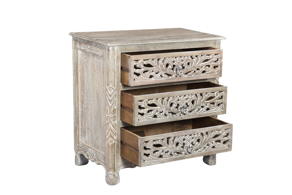 Distressed Gray 3 Drawer Floral Nightstand