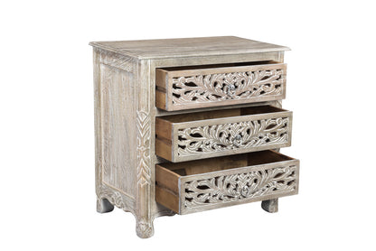 Distressed Gray 3 Drawer Floral Nightstand