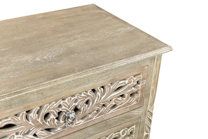 Distressed Gray 3 Drawer Floral Nightstand