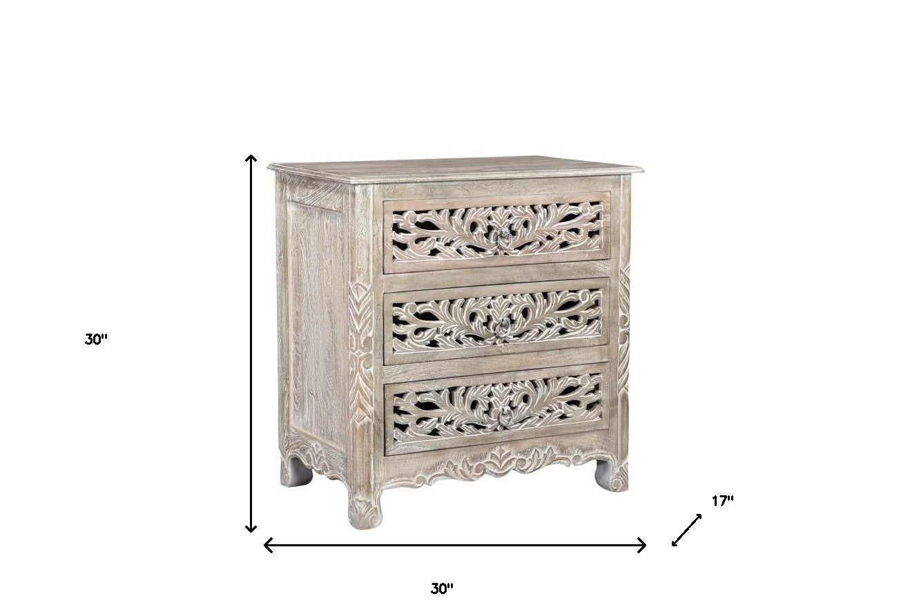 Distressed Gray 3 Drawer Floral Nightstand