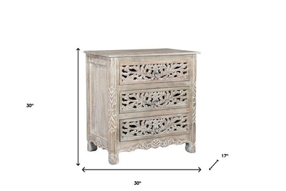 Distressed Gray 3 Drawer Floral Nightstand