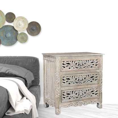 Distressed Gray 3 Drawer Floral Nightstand
