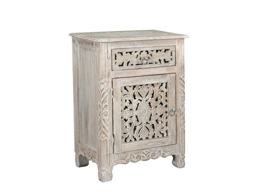 Distressed White 1 Drawer Floral Carved Nightstand