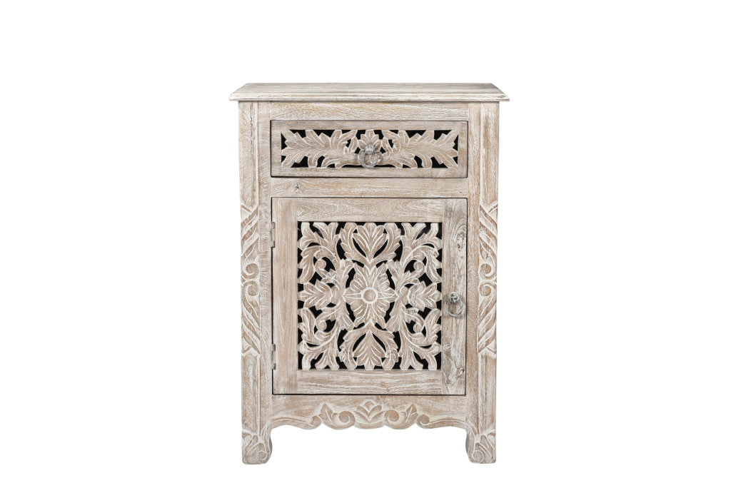 Distressed White 1 Drawer Floral Carved Nightstand