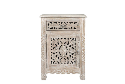 Distressed White 1 Drawer Floral Carved Nightstand