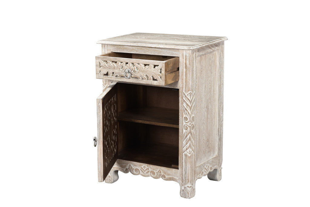 Distressed White 1 Drawer Floral Carved Nightstand