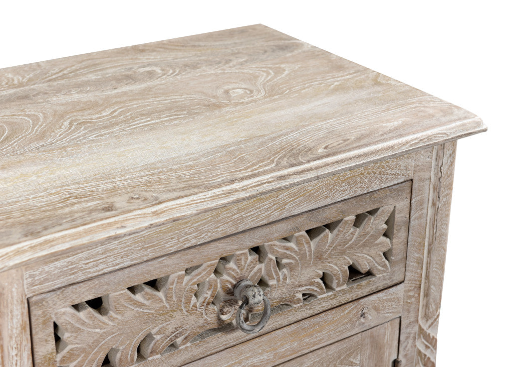 Distressed White 1 Drawer Floral Carved Nightstand