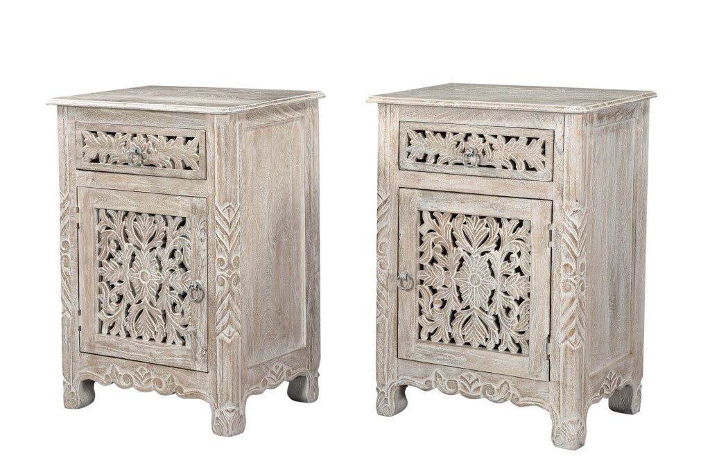 Distressed White 1 Drawer Floral Carved Nightstand