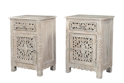 Distressed White 1 Drawer Floral Carved Nightstand