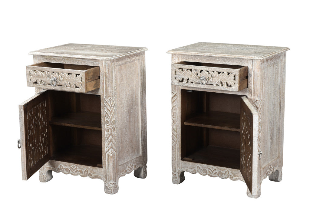 Distressed White 1 Drawer Floral Carved Nightstand