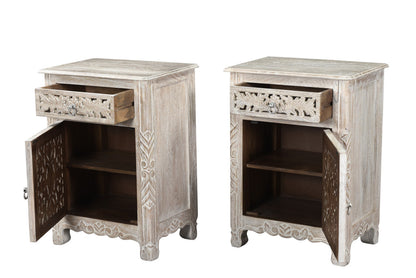 Distressed White 1 Drawer Floral Carved Nightstand