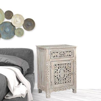Distressed White 1 Drawer Floral Carved Nightstand